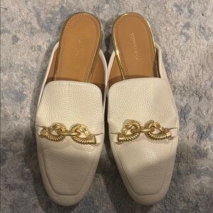 Tory Burch White and Gold Mules with Elegant Gold Embellishment Jessa slides 8